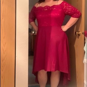 NWT red lace off shoulder mid shoulder high low